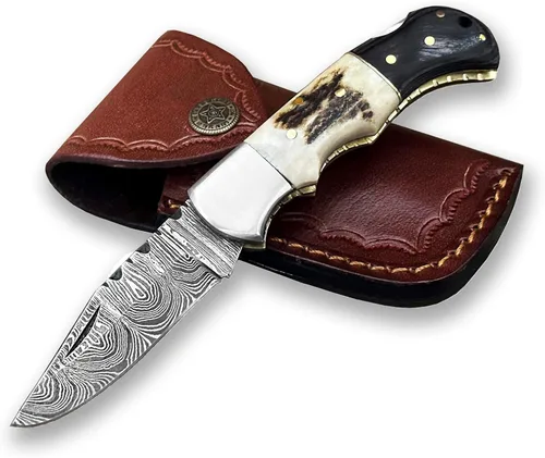 WINTERFELL Cuchillo de Bolsillo Plegable de Acero de Damasco para Hombres con Funda de Cuero, Regalos 100% Hechos a Mano para Esposo, Papá, Novio,
