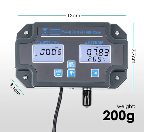 Miniatura 5 de Probador inteligente de calidad del agua 6 en 1 pH/EC/TDS/Salinidad/S.G y medidor de temperatura con monitor continuo Wi-Fi Medidor de agua de pH