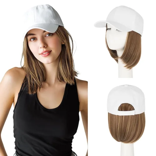 Miniatura 14 de S-noilite Peluca de gorra de béisbol de 6 pulgadas con peinado Bob y extensiones de cabello, gorra de béisbol recta ajustable para mujer