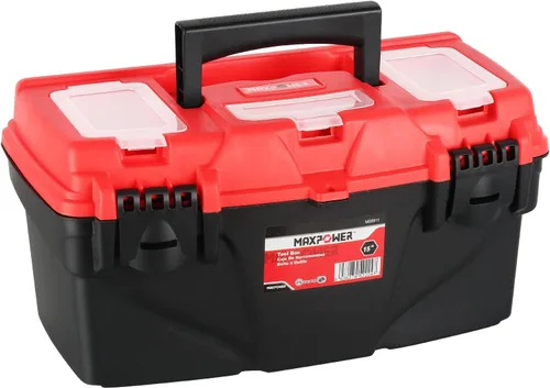 MAXPOWER Caja de herramientas de plástico de 15 pulgadas, con bandeja extraíble y doble bloqueo seguro para el hogar
