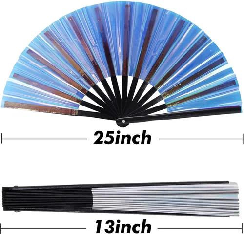 Miniatura 4 de Gionforsy 1 ventilador plegable rave para mujer, ventilador de mano grande de bambú con tela de color brillante para festival