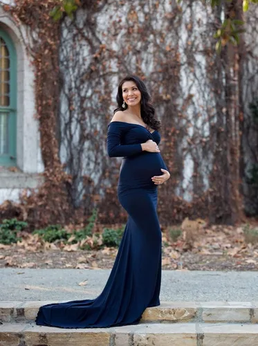 Miniatura 4 de ZIUMUDY - Vestido ajustado de maternidad con cuello en V fruncido, hombros descubiertos, manga larga, maxivestido para fotografía
