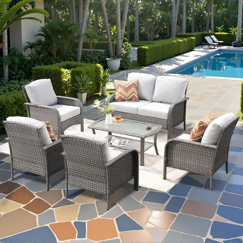 Miniatura 30 de CAODOC Juego de muebles de mimbre para patio, 4 piezas, para todo tipo de clima, sofá biplaza y mesa para patio trasero, balcón y terraza