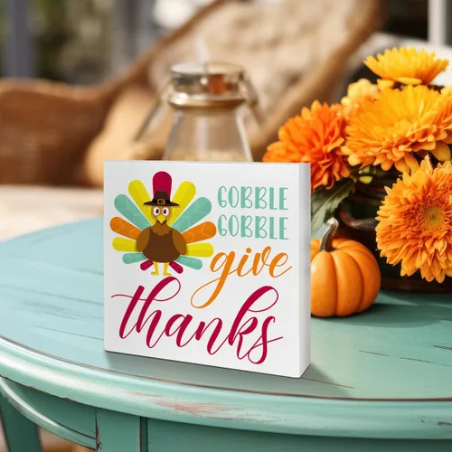 Miniatura 4 de Decoración de mesa de madera de Acción de Gracias, decoración de mesa de otoño con texto en inglés "Gobble Give Thanks", decoración de mesa de otoño