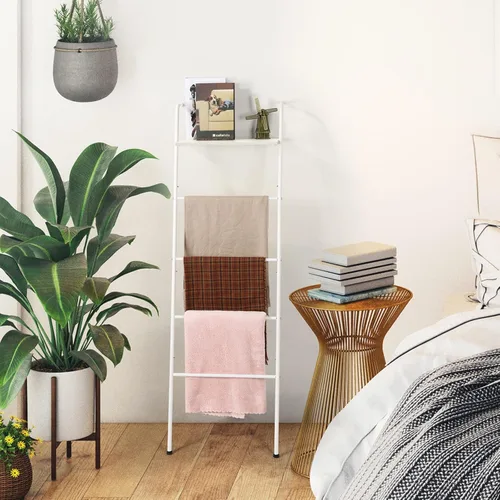 Miniatura 8 de Soporte de Escalera para Mantas para Sala de Estar Estilo Granja, Soporte Decorativo de Escalera con Estante de Almacenamiento, Perchero de Pared