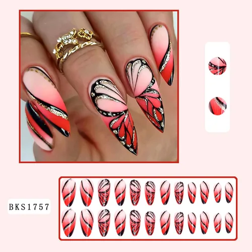 Miniatura 2 de Uñas postizas a presión con degradado rojo, almendra, longitud media, purpurina y líneas negras, uñas postizas de cobertura completa, uñas postizas