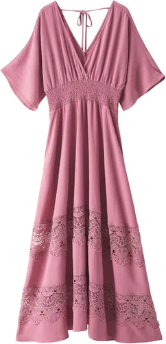 Miniatura 27 de Vestido largo de encaje para mujer de manga corta y cuello en V, vestido de fiesta estilo bohemio con cintura fruncida, vestido bohemio para mujer