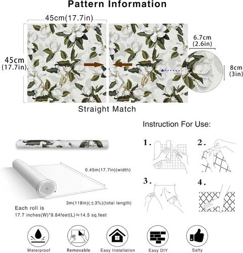 Miniatura 8 de HAOKHOME Papel tapiz floral para despegar y pegar, papel de pared extraíble Magnolia de vinilo blanco hueso, gris/verde, papel de contacto