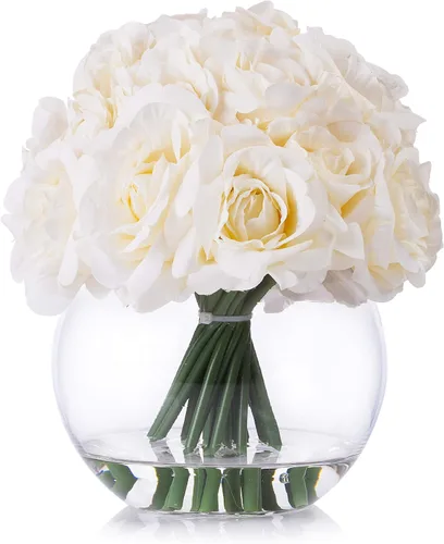 Arreglo floral de rosas abiertas de seda de 21 cabezas en jarrón redondo de vidrio con agua sintética para decoración de centros de mesa de boda en