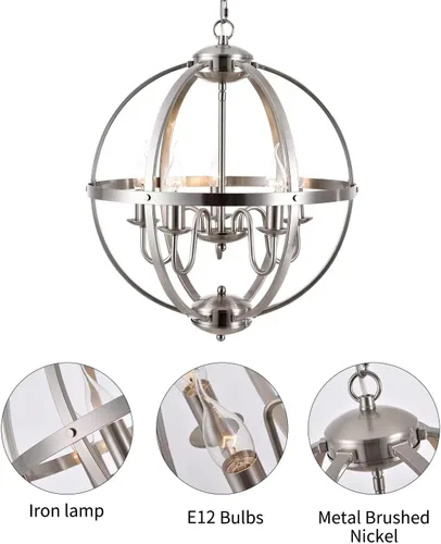 Miniatura 3 de Moderna lámpara de comedor con 5 luces de esfera de níquel cepillado para comedor y sala de estar, vestíbulo y cocina, pasillo y entrada..