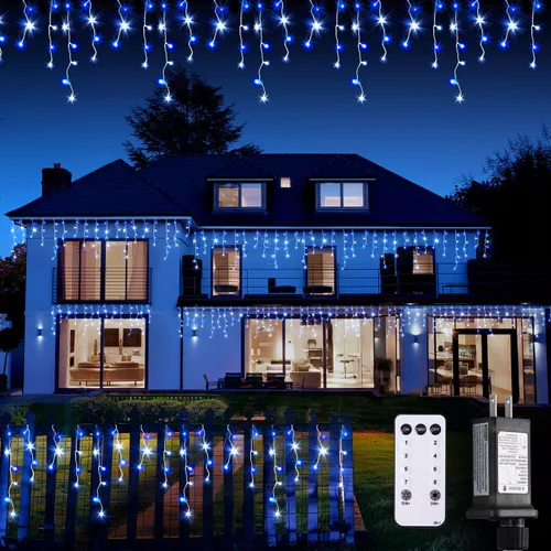 Miniatura 12 de JMEXSUSS 400 luces LED de Navidad de carámbano de 38.8 pies con control remoto, tira de luces multicolor para exteriores enchufables, 8 modos