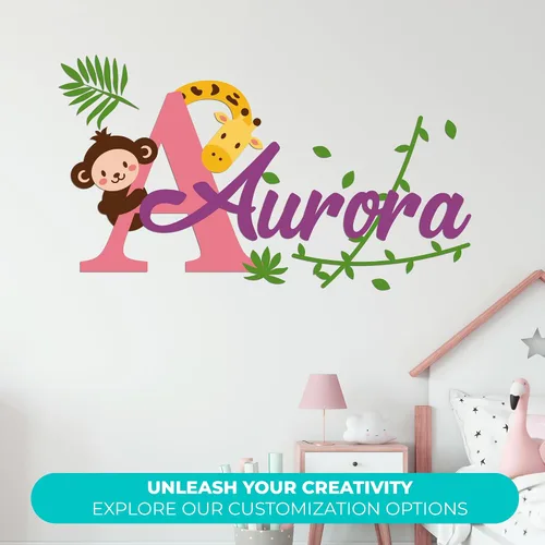 Miniatura 2 de Calcomanías de pared personalizadas de mono y jirafa para bebé niña o niño, nombre personalizado e inicial para decoración de pared de guardería