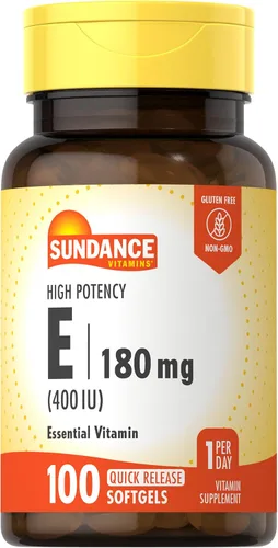 Sundance Vitamina E 180 mg (400 UI) | 100 cápsulas blandas de liberación rápida | Fórmula de alta potencia | Suplemento sin OMG y sin gluten