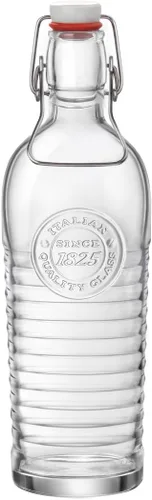 Bormioli - Botella de agua Rocco Officina, 37.25 onzas, jarra de vidrio italiana, sello hermético y abrazadera de metal, asa fácil de transportar,