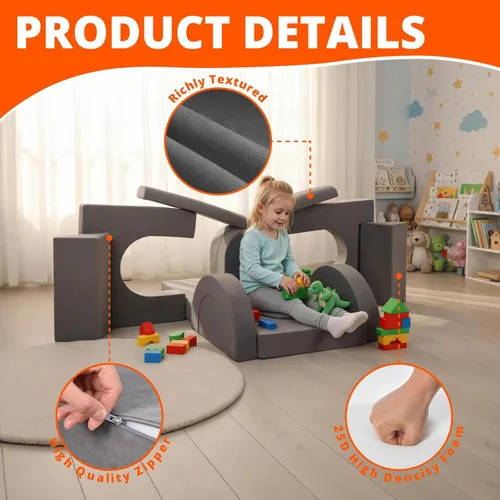 Miniatura 6 de Fvkind Sofá modular de juego para niños, 16 piezas, sofá de construcción para sala de juegos y dormitorio, sofá modular de juegos para niños y gris