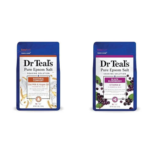 Dr Teal's Sal de Epsom pura, calma y comodidad con leche de avena y aceite de argán, 3 libras y remojo de sal de Epsom pura, saúco negro con