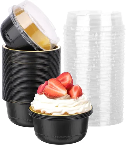 Miniatura 49 de Beasea Ramequines con tapas, 8oz 50 unidades de tazas de aluminio desechables para hornear, tazas de papel de aluminio plateado para creme brulee