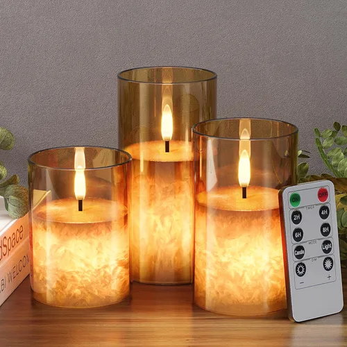 VIODAIM Velas de cera real de cristal de hielo sin llama con control remoto y temporizador, velas operadas por baterías con llama parpadeante Dorado