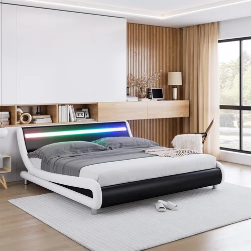 Miniatura 10 de Keyluv Marco de cama LED tapizado tamaño completo con cabecero, moderna plataforma de perfil bajo con fuerte soporte de listones, marco de cama