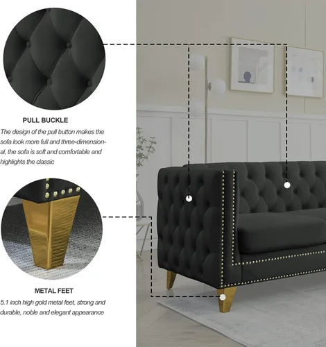 Miniatura 4 de Sofá moderno Chesterfield de terciopelo de 58 pulgadas, respaldos tapizados con brazos de cabeza de clavo, sofá biplaza para sala de estar