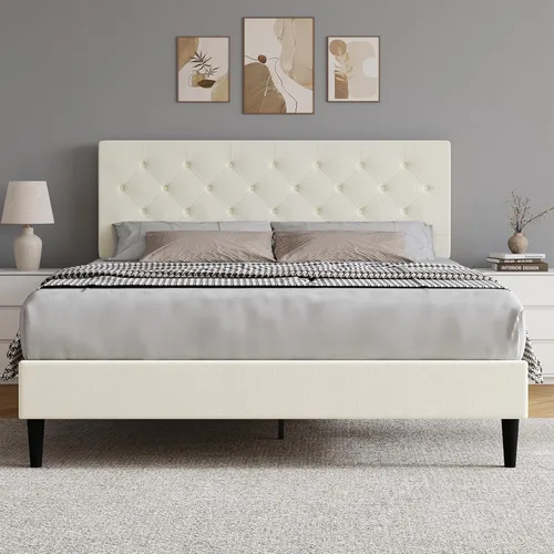 Miniatura 22 de HOMBCK Marco de Cama Queen con Cabecera Capitoné con Botones, Marco de Cama de Plataforma Tapizada Azul, Tela Suave/Soporte de Listones de Madera/No