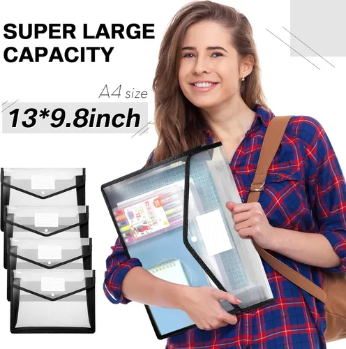 Miniatura 6 de Carpetas de plástico para archivos, 10 piezas, sobre expandible, carpeta organizadora de documentos con cierre a presión y bolsillo, bolsa Negro