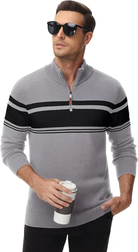 Miniatura 3 de MAGCOMSEN Suéteres de algodón con cremallera de 14 para hombre, suéter tipo polo, a rayas, para otoño e invierno, sudaderas cálidas