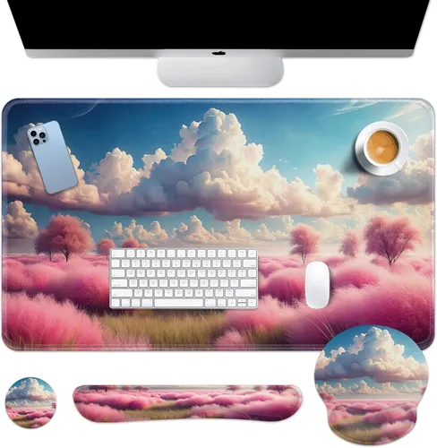 Miniatura 16 de Britimes Blue Sea - Juego de Alfombrilla de Teclado y Mouse Playa de Arena Rosa 4 en 1 Alfombrilla Grande + Reposamuñecas para Teclado +
