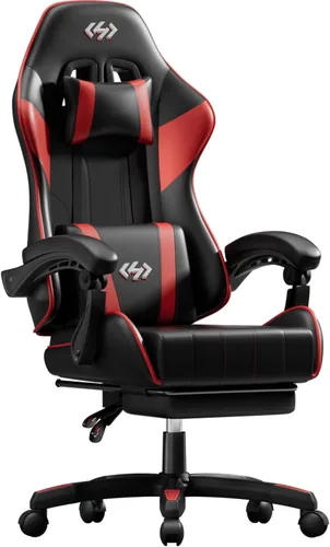 Miniatura 12 de HLDIRECT Silla de juegos, silla ergonómica de oficina para computadora con soporte lumbar, reposapiés, reposacabezas, piel sintética, giro de 360°