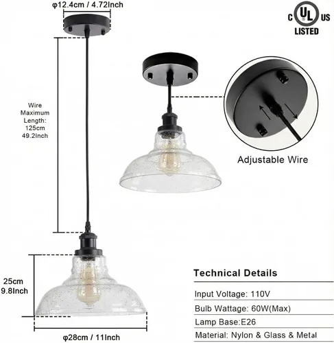 Miniatura 3 de GLADFRESIT Luces colgantes industriales, luz colgante vintage sobre mesa, pantalla de cristal de cúpula de burbuja negra, cabezal y base de lámpara