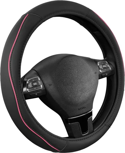 Miniatura 13 de Road Comforts Funda de cuero para volante con ribete decorativo y ribetes, diseño antideslizante y transpirable, se adapta a volantes redondos
