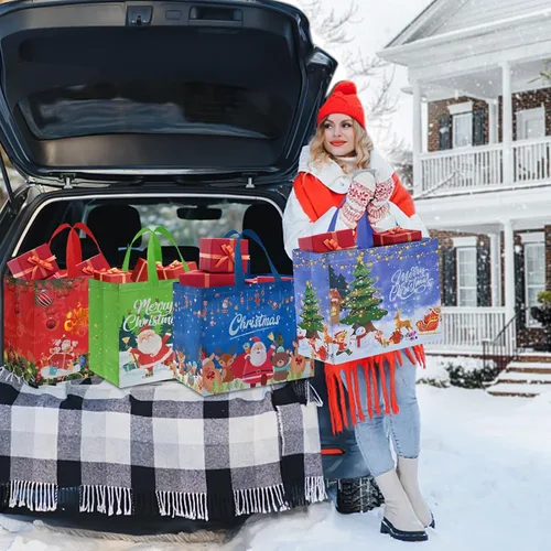 Miniatura 5 de AhfuLife 12 piezas bolsas de regalo de Navidad extra grandes, 15.7'' x 14.2'' x 5.9'', bolsas tipo tote de Navidad con asas, bolsa de compras A: 12