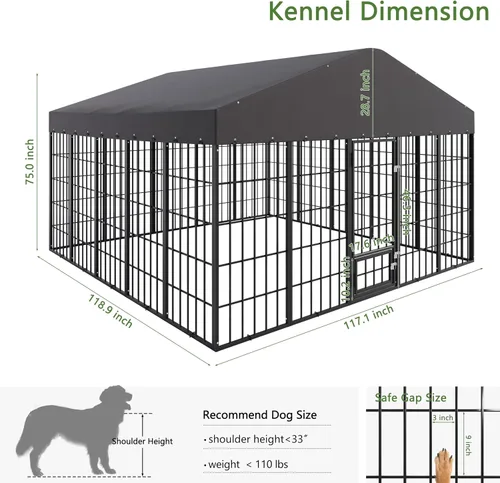 Miniatura 3 de Perrera grande de 10 x 10 x 6 pies para exteriores, resistente con techo impermeable, jaula de acero galvanizado antioxidante con puerta