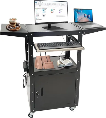 Carrito AV mejorado, carrito AV de acero de altura ajustable con gabinete de bloqueo y bandeja de teclado extraíble, carrito de medios rodantes con