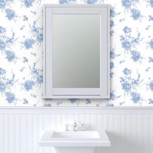 Miniatura 9 de Papel tapiz para despegar y pegar, romántico, floral, azul, blanco, shabby chic, flores descoloridas de primavera, papel tapiz extraíble