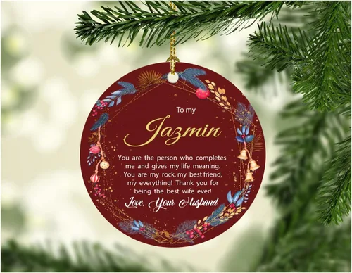 Christmas Gift for Wife Ornament with Name Jazmin To My Jazmin You Are The Person Who Completes Me. Love Your Husband Couple Xmas Decoration Home