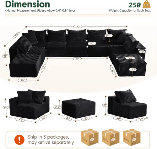 Miniatura 2 de MODNEST Sofá cama de 9 plazas, sofá modular sin hueso, sofá seccional de nube, sofás seccionales para sala de estar, sofás en forma de U con Negro
