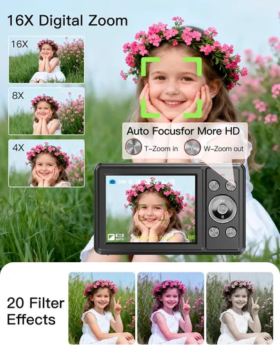 Miniatura 5 de Cámara digital, cámara FHD 1080P para apuntar y disparar con tarjeta SD de 32 GB, 2 baterías, zoom 16X, antivibraciones, diseño pequeño compacto