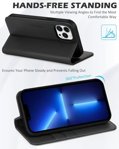 Miniatura 5 de SHIELDON Funda para iPhone 13 Pro Max 5G, Funda de Cartera de Cuero Genuino Magnética Folio a Prueba de Golpes con Soporte Kickstand Portador