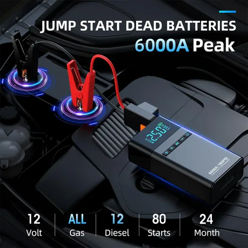 Miniatura 2 de Arrancador de batería portátil para automóvil de 10 en 1 con compresor de aire, arrancador de puente portátil para automóvil de 6000A 160PSI