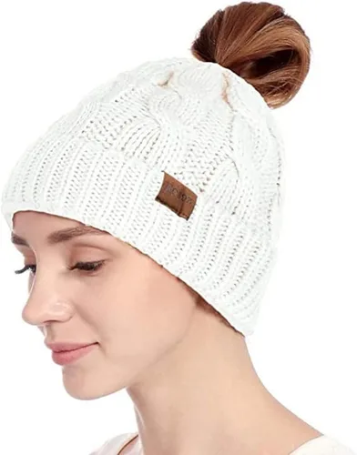 Miniatura 5 de Rosoz Gorro de cola de caballo para mujer, gorro cálido de invierno, suave, elástico, de punto trenzado, para moño alto