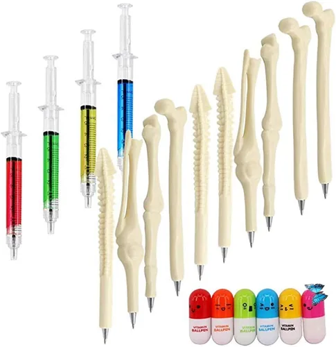 4 bolígrafos de jeringa + 6 bolígrafos de píldora + 10 bolígrafos con diseño de hueso, regalos de enfermera con temática médica y juego de