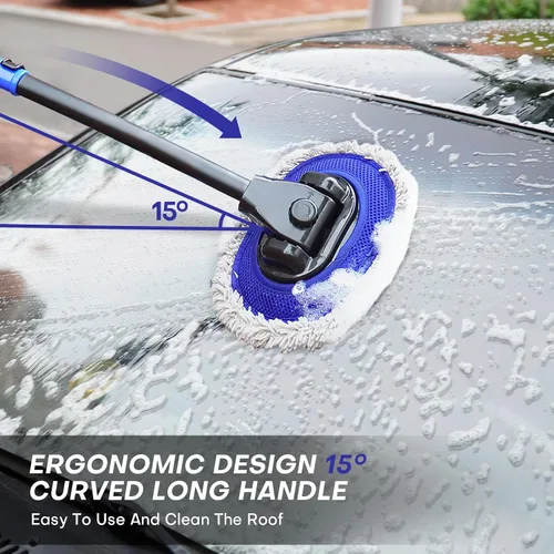 Miniatura 2 de Cepillo de lavado de autos con mango largo Diseño de poste curvado de 15 grados Cabezal de cepillo de microfibra Longitud ajustable Amplias
