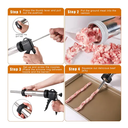 Miniatura 4 de MogaMax Kit de pistola de cecina de gran capacidad y cañón de acero inoxidable, máquina de carne de res y ciervos con 6 boquillas, 7 cepillos
