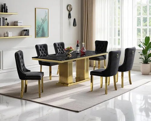 Miniatura 14 de Henf Juego de mesa de comedor de mármol sintético de 68 pulgadas para 6, juego de mesa de comedor de 7 piezas con 6 sillas copetudas de terciopelo