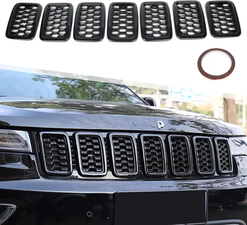 7 piezas de insertos de rejilla frontal de malla de panal negro brillante reemplazan para Jeep Grand Cherokee 2017-2021