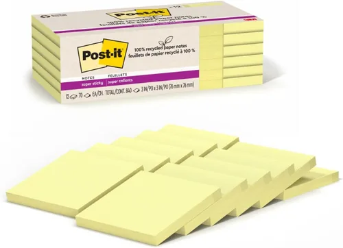 Post-it Notas súper adhesivas de papel 100% reciclado, amarillo canario, 3 pulgadas x 3 pulgadas, 12 blocs de notas adhesivas, 70 hojas por bloc,