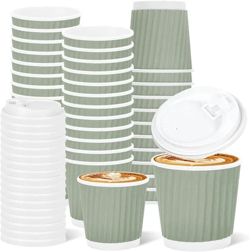 Miniatura 10 de Whaline 100 tazas de café desechables de color azul polvoriento de invierno con tapas, tazas de papel azul degradado de 12 onzas, tazas calientes