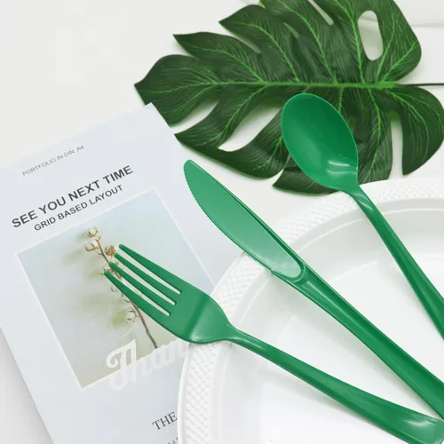 Miniatura 5 de Juego de 300 cubiertos de plástico verde resistente, desechables, incluye 100 tenedores de plástico, 100 cuchillos, 100 cucharas para cumpleaños