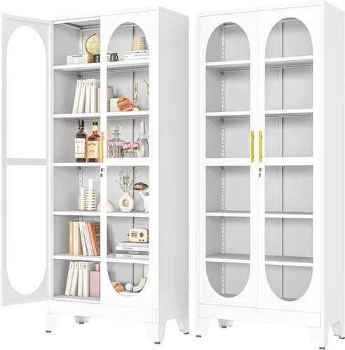 Miniatura 10 de PAOFIN Vitrina de Exhibición con Cerradura de 47" de Alto con Puerta de Vidrio, Gabinetes de Metal con 3 Estantes Ajustables, Gabinete Vitrina